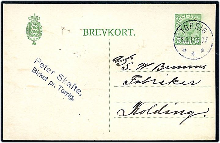 5 øre Chr. X helsagsbrevkort annulleret med brotype IIIb Torrig d. 16.9.1917 til Kolling.