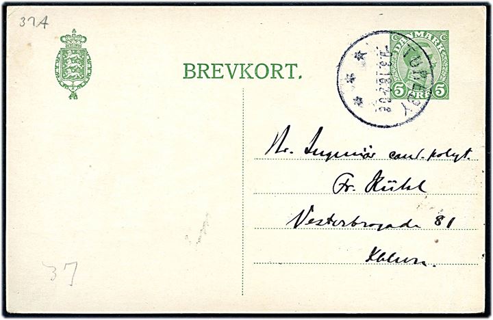 5 øre Chr. X helsagsbrevkort annulleret med brotype IIIb Tureby d. 9.3.1918 til København. Fold.