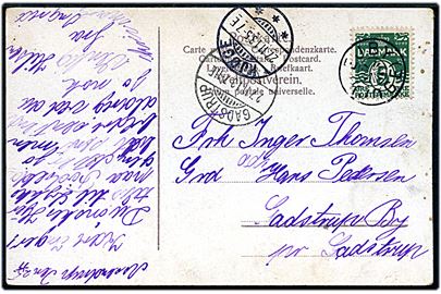 5 øre Bølgelinie på brevkort annulleret med stjernestempel EJBY (KJØGE) og sidestemplet Kjøge d. 27.11.1913 til Gadstrup. Ank.stemplet i Gadstrup d. 27.11.1913.