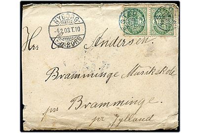 5 øre Våben i parstykke på brev med langt indhold dateret i Maare annulleret med BLÅT stjernestempel ELLESTED og sidestemplet bureau Nyborg - Faaborg T.10 d. 4.2.1903 til Bramminge. 