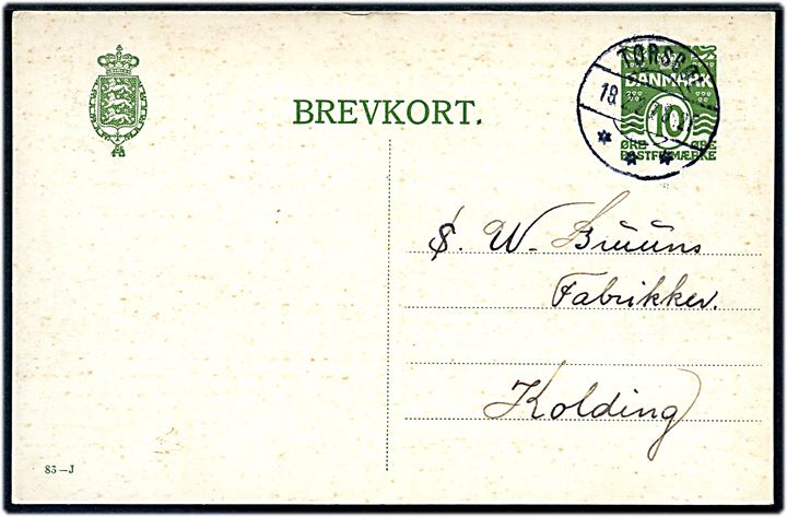 10 øre helsagsbrevkort (fabr. 83-J) fra Kværs annulleret med brotype IIb Tørsbøl d. 18.2.1927 til Kolding.