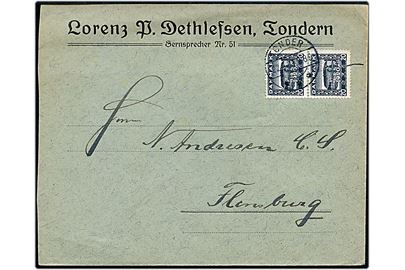 20 øre Genforening i parstykke på brev annulleret med brotype IIb Tønder sn2 d. 22.9.1921 til Flensburg, Tyskland.