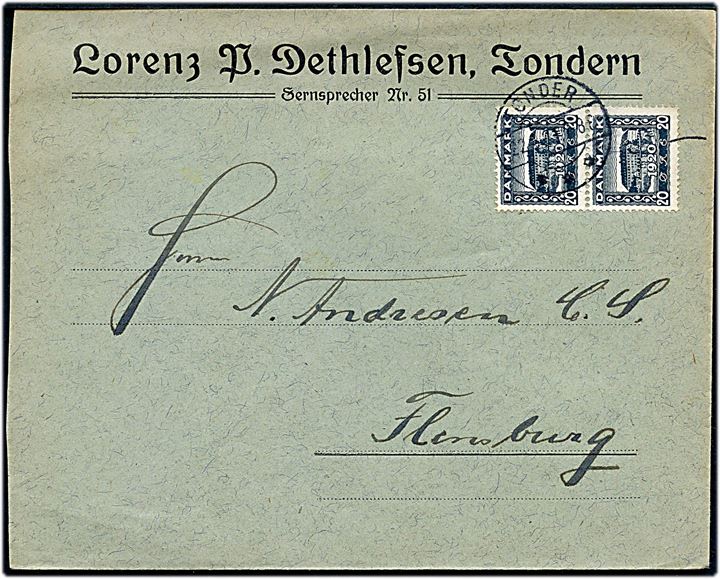 20 øre Genforening i parstykke på brev annulleret med brotype IIb Tønder sn2 d. 22.9.1921 til Flensburg, Tyskland.