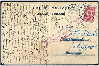 Russisk 4 kop. Våben anvendt i Finland på brevkort fra Taavetti d. 5.7.1915 til Kosta Glasbruk, Sverige - eftersendt til Nybro. Passér stemplet ved den russiske censur i Torneå.