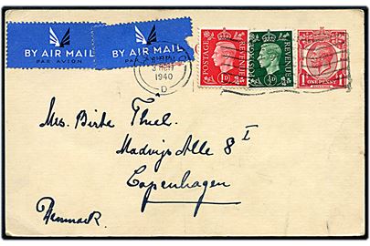 1d George V helsagsbrevkort opfrankeret med ½d og 1d George VI sendt som luftpost fra ondon d. 3.3.1940 til København, Danmark. Ingen tegn på censur.