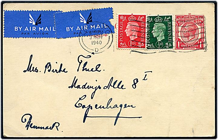 1d George V helsagsbrevkort opfrankeret med ½d og 1d George VI sendt som luftpost fra ondon d. 3.3.1940 til København, Danmark. Ingen tegn på censur.