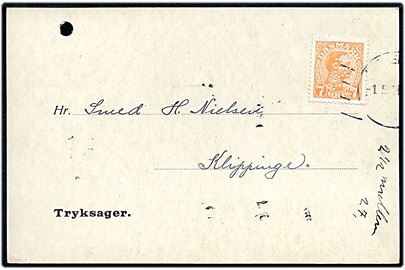 7 øre Chr. X med perfin N.B.C. på tryksagskort fra firma A/S Nordisk Benzin-Compagni i Kjøbenhavn d. 1.5.1919 til Klippinge. Perfin anvendt 6 mdr. senere end registreret i Perfinkataloget.