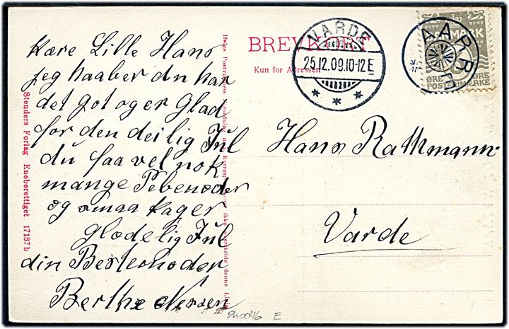 3 øre Bølgelinie på lokalt nytårskort (Årstalskort 1910) annulleret med stjernestempel AARE og sidestemplet Varde d. 25.12.1909 til Varde.