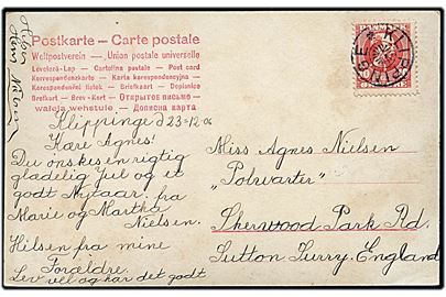 10 øre Chr. IX på brevkort dateret d. 23.12.1906 annulleret med stjernestempel KLIPPINGE til Sutton, England.