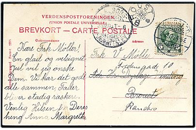 5 øre Chr. IX på brevkort (parti fra Gjedsted) stemplet Gjedsted d. 24.12.1906 til Brovst - eftersendt til Randers. Transit stemplet med stjernestempel BROUST og bureau Aalborg - Fjerritslev T.6 d. 26.12.1906.
