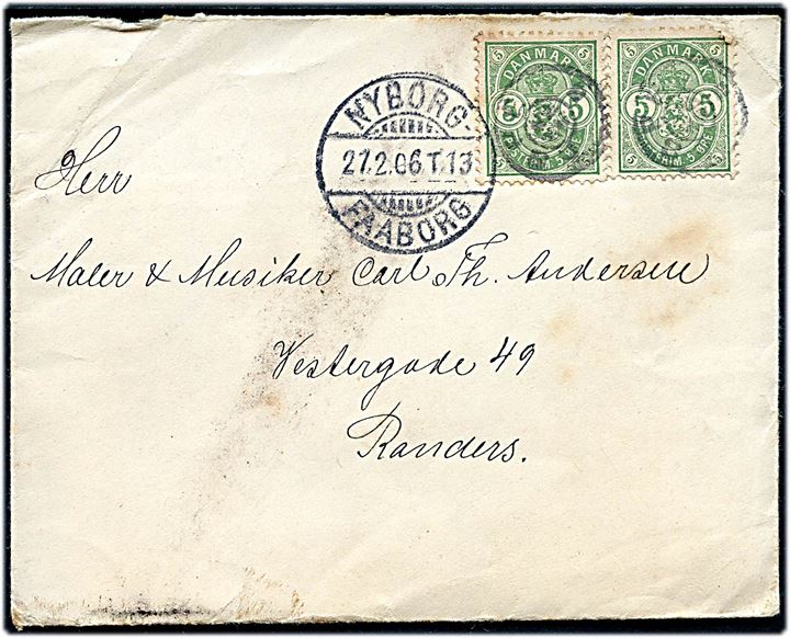 5 øre Våben (2) på brev annulleret med stjernestempel ESPE og sidestemplet bureau Nyborg - Faaborg T.13 d. 27.2.1906 til Randers.