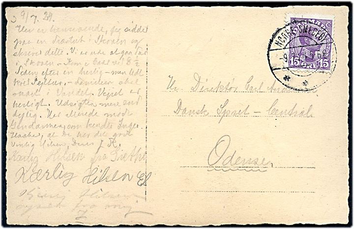 15 øre Chr. X på brevkort (Kollund strand med dampskib) annulleret med brotype IIb Nørre Smedeby d. 9.7.1924 til Odense.