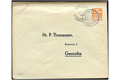 6 øre Bølgelinie på filatelistisk tryksag annulleret med bureaustempel Odense - Martofte T.10 d. 13.2.1945 og sidestemplet med posthornstempel BULLERUP (AGEDRUP) til Gentofte.