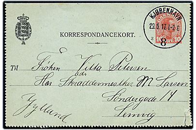 10 øre Chr. X helsags korrespondancekort annulleret med brotype IIIb Kjøbenhavn 8 sn2 d. 29.6.1917 til Lemvig. Indleveringspostkontoret Kjøbenhavn 8 lå i Københavns Frihavn.