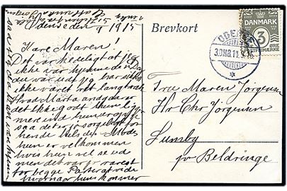 3 øre Bølgelinie på lokalt brevkort annulleret med ombæringsstempel brotype Ii Odense * 3. OMB. d. 14.9.1915 til Lumby pr. Beldringe. Stempel anvendt et år senere end registreret af Vagn Jensen. Mærke yderligt placeret.