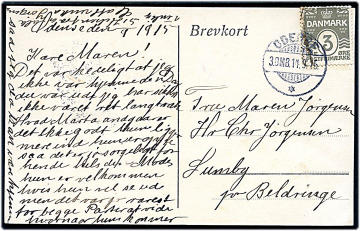 3 øre Bølgelinie på lokalt brevkort annulleret med ombæringsstempel brotype Ii Odense * 3. OMB. d. 14.9.1915 til Lumby pr. Beldringe. Stempel anvendt et år senere end registreret af Vagn Jensen. Mærke yderligt placeret.