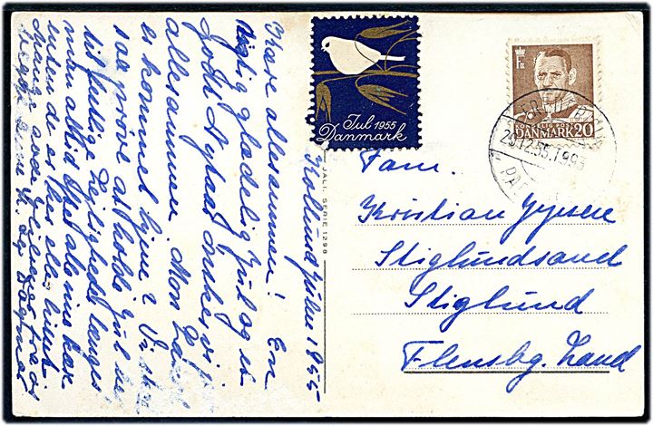 20 øre Fr. IX og Julemærke 1955 på julekort fra Kollund sendt som GRÆNSEPORTO og annulleret med bureaustempel Fredericia - Padborg T.993 d. 20.12.1955 til Stiglund pr. Flensburg, Tyskland.