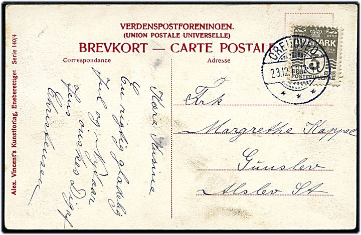 3 øre Bølgelinie på lokalt julekort annulleret med brotype Ia Orehoved d. 23.12.1910 til Alslev.