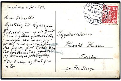 15 øre Karavel på brevkort fra Bursø annulleret med bureau Nykøbing Fl. - Nakskov T.414 d. 10.11.1940 til Flintinge.
