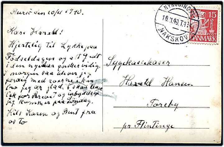 15 øre Karavel på brevkort fra Bursø annulleret med bureau Nykøbing Fl. - Nakskov T.414 d. 10.11.1940 til Flintinge.