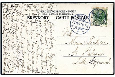 5 øre Fr. VIII på brevkort (Parti fra Stadil) annulleret med stjernestempel STADIL og sidestemplet Tim d. 21.11.1907 til Lille Skjensved.
