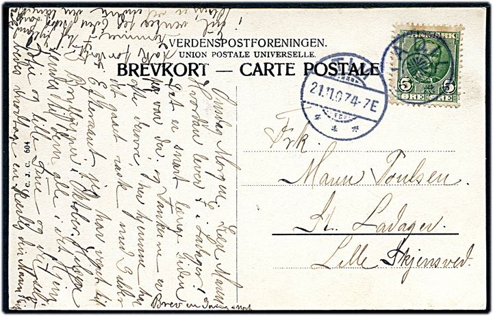 5 øre Fr. VIII på brevkort (Parti fra Stadil) annulleret med stjernestempel STADIL og sidestemplet Tim d. 21.11.1907 til Lille Skjensved.