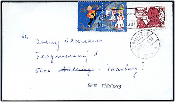 1,30 kr. Oehlenschläger og Julemærke 1979 i parstykke på brev fra Lyngby d. 18.12.1979 til Millinge - liniestempel 5600 Fåborg.
