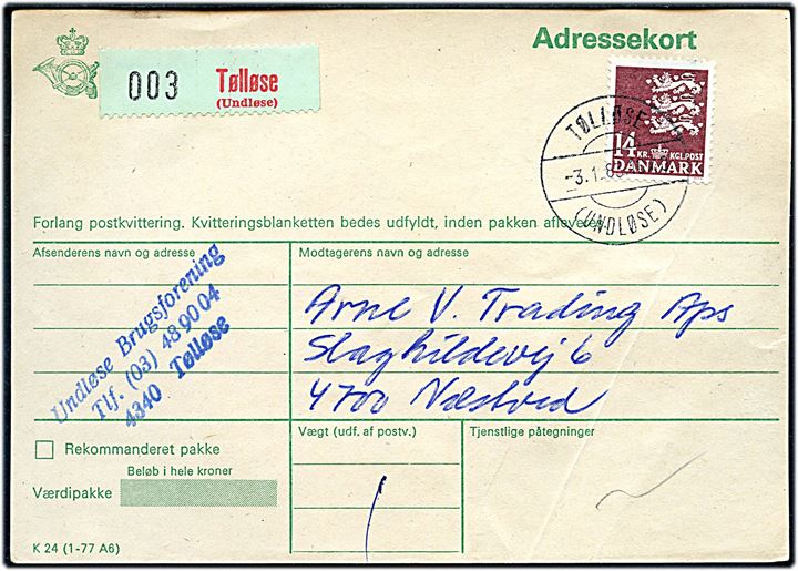 14 kr. Rigsvåben single på adressekort for pakke annulleret med parentes stempel Tølløse (Undløse) d. 3.1.1983 til Næstved.