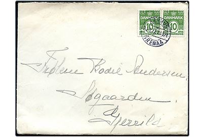 10 øre Bølgelinie i parstykke på brev annulleret med bureaustempel Aarhus - Grenaa T.1071 d. 20.6.1922 til Gjerrild.