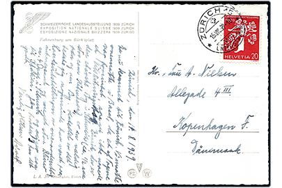 20 øre Landesausstellung på brevkort fra Zürich d. 15.8.1939 til København, Danmark.