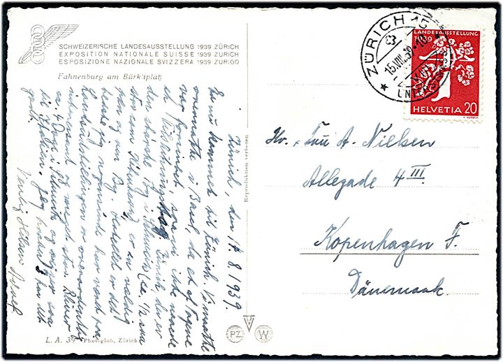20 øre Landesausstellung på brevkort fra Zürich d. 15.8.1939 til København, Danmark.