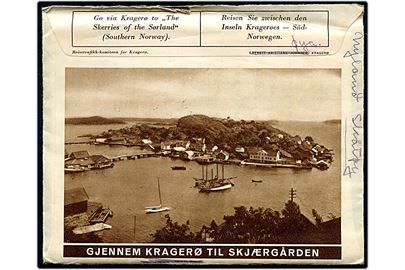 20 øre Løve på illustreret kuvert Gjennem Kragerø til Skjærgården annulleret med bureaustempel Sørlandsbanen A d. 17.7.1934 til Osby, Sverige.