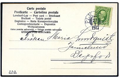 5 öre Oscar II på brevkort annulleret med bureaustempel PLK 272A (= Stockholm-Västerås/Köping) d. 27.2.1907 Degerfoss.