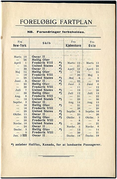 Skandinavisk Amerika Linie. Passagerliste for sejlads med S/S Frederik VIII fra Kjøbenhavn via Halifax til New York 1925. 16 sider