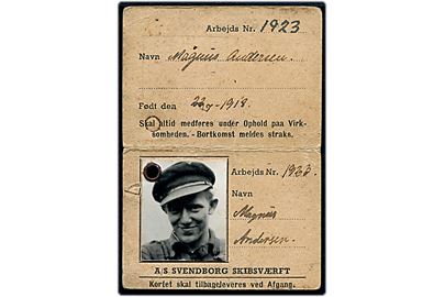 Medarbejderkort med foto for arbejder på A/S Svendborg Skibsværft.