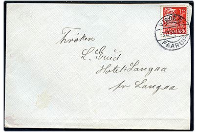 15 øre Karavel på brev annulleret med sjældent bureaustempel Viborg - Faarup T.61 d. 7.12.1933 til Langå.