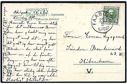 5 øre Fr. VIII på brevkort annulleret med lapidar Faaborg d. 21.2.19xx til København. Lapidar stempel benyttet som reservestempel i årene 1908-1910.
