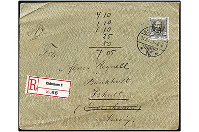 25 øre Fr. VIII single på anbefalet brev fra Kjøbenhavn d. 31.3.1911 til Ishult, Sverige.