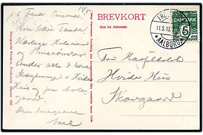5 øre Bølgelinie på brevkort fra Fredericia annulleret med bureau Fredericia - * Aalborg * T.917 d. 11.5.1913 til Skovgaard.