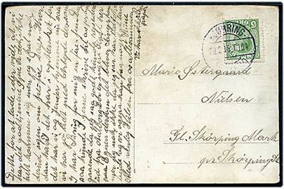 5 øre Chr. X på brevkort (Ladebygning under opførelse) annulleret med godt bureaustempel Hjørring - Aabybro T.104 d. 29.2.1916 (skuddag) til Skørping.