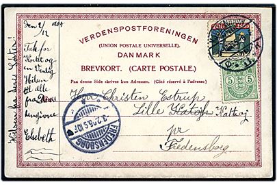 5 øre Våben og Julemærke 1905 på brevkort fra Kjøbenhavn d. 3.12.1905 til Fredensborg. Pr. 1.6.1905 blev det tilladt at skrive meddelelse på halvdelen af adressesiden.