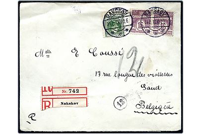 15 øre Bølgelinie i parstykke og 5 øre Fr. VIII på anbefalet brev fra Nakskov d. 14.2.1912 til Gand, Belgien.