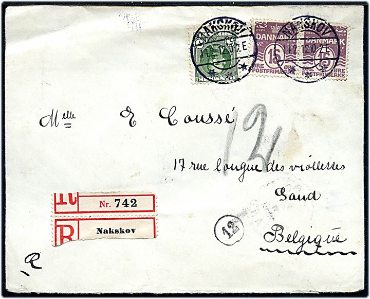15 øre Bølgelinie i parstykke og 5 øre Fr. VIII på anbefalet brev fra Nakskov d. 14.2.1912 til Gand, Belgien.