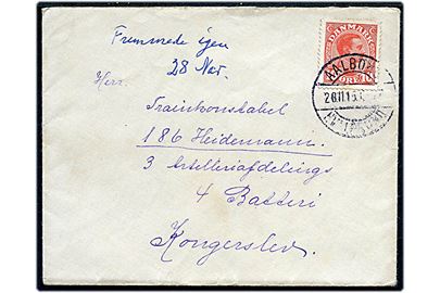10 øre Chr. X på brev annulleret med bureau Aalborg - Hvalpsund T.??7 d. 28.11.1915 til soldat ved 3. Artillerideling, 4. Batteri i Kongerslev.