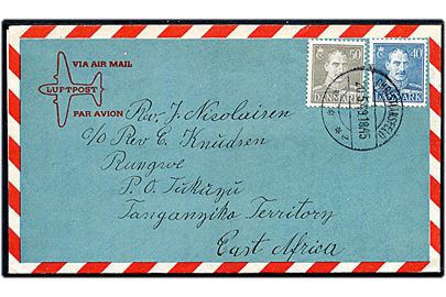 40 øre og 50 øre Chr. X på privat aerogram fra Christiansfeld d. 20.5.1949 til Tukuyu, Tanganyika Territory, Østafrika.