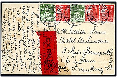 10 øre Bølgelinie (2) og 15 øre Karavel (3) på ekspres brevkort fra Varde d. 11.6.1930 til Paris, Frankrig.
