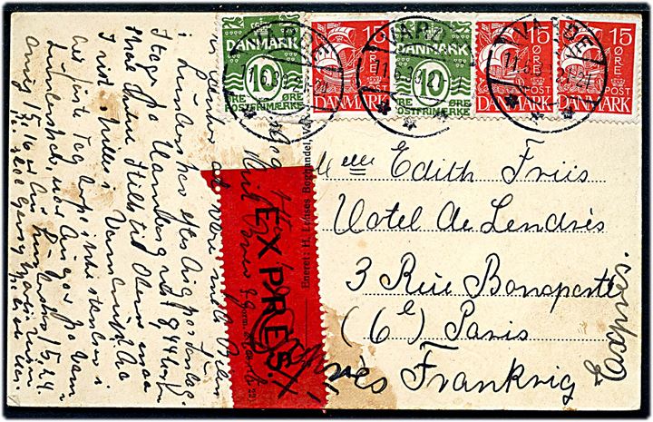 10 øre Bølgelinie (2) og 15 øre Karavel (3) på ekspres brevkort fra Varde d. 11.6.1930 til Paris, Frankrig.