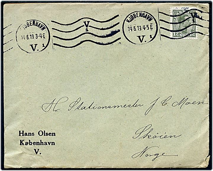 12 øre Chr. X single på brev fra Kjøbenhavn d. 14.6.1919 til Sköien, Norge.