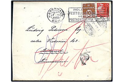 10 øre Bølgelinie og 15 øre Karavel på brev fra København d. 17.4.1932 til Bukarest, Rumænien. Retur med flere påtegninger.