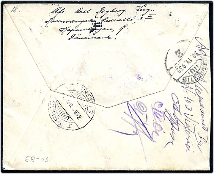 10 øre Bølgelinie og 15 øre Karavel på brev fra København d. 17.4.1932 til Bukarest, Rumænien. Retur med flere påtegninger.